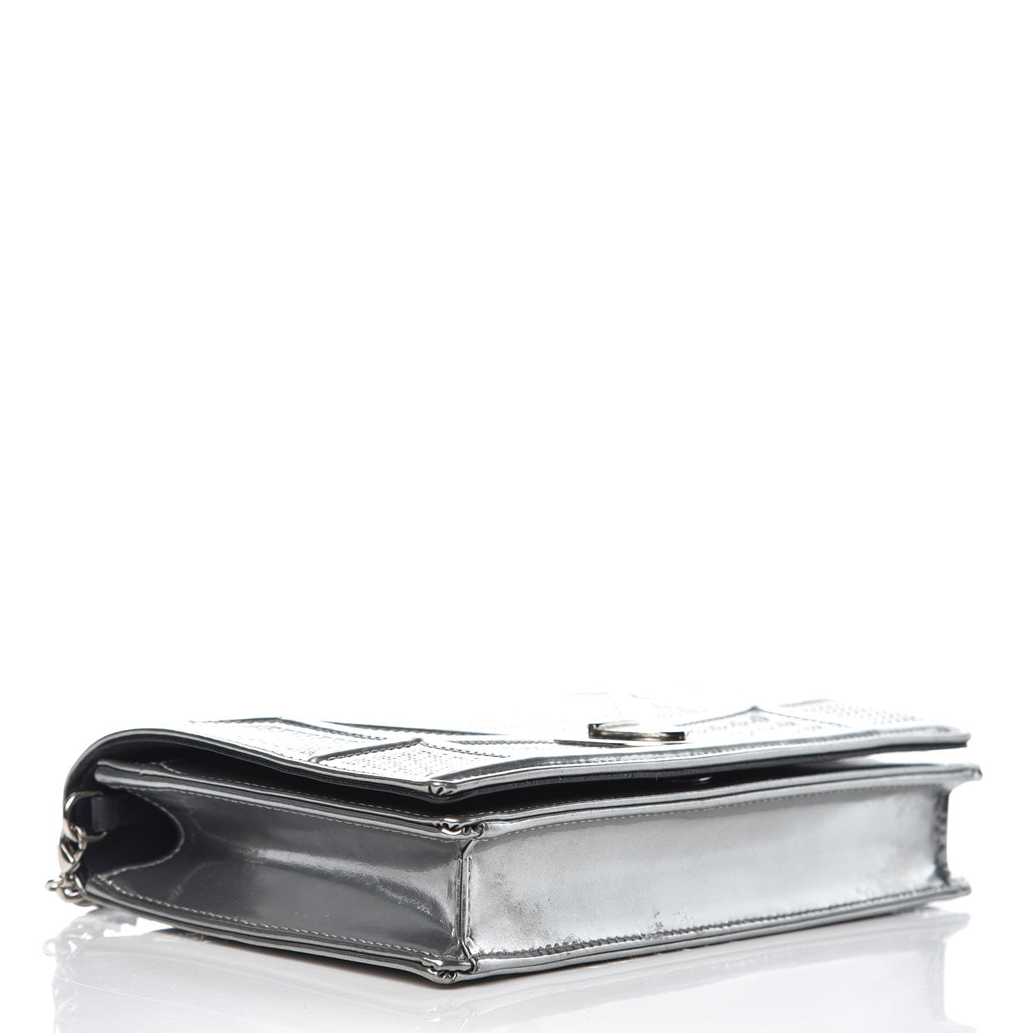 Christian Dior Metallic Patent Micro-Cannage Diorama Wallet on Chain Pouch Silver 4 of 11