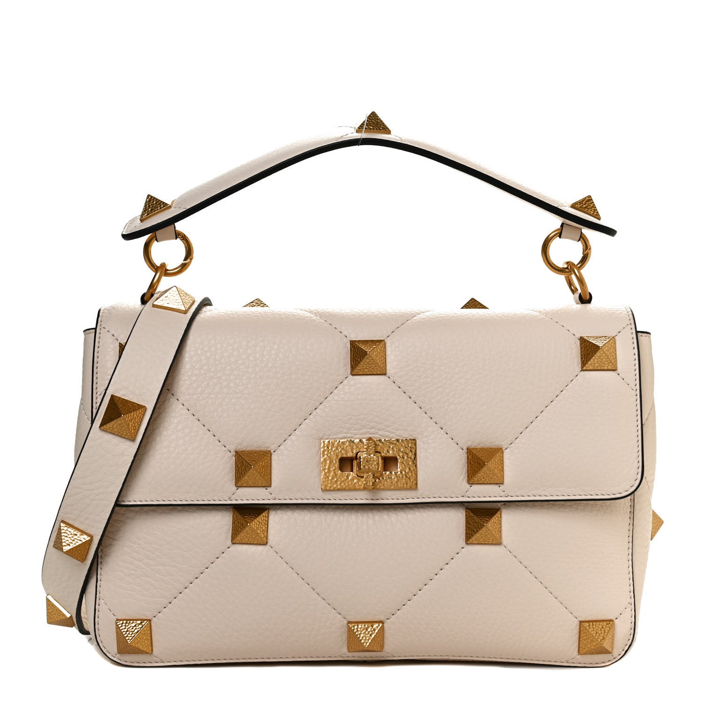 Grained Calfskin Large Roman Stud Shoulder Bag Light Ivory