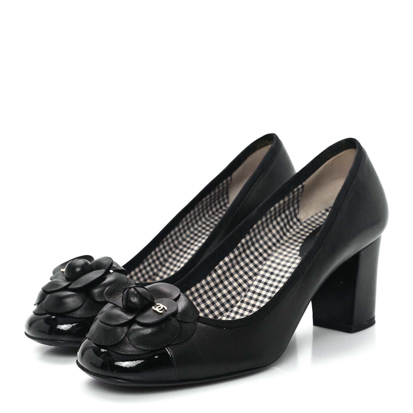 Lambskin Patent Calfskin Pearl Camellia Cap Toe Pumps 38.5 Black