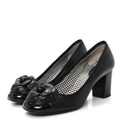 Chanel Lambskin Patent Calfskin Pearl Camellia Cap Toe Pumps 38.5 Black 4 of 10
