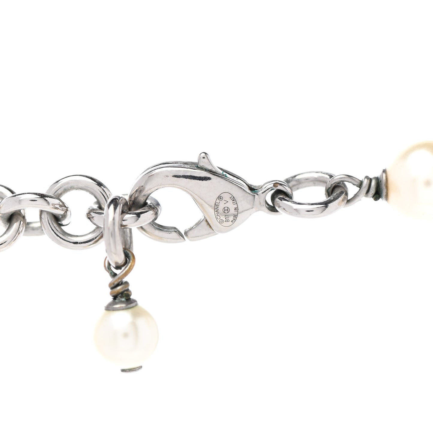 Graduated Pearl Crystal CC Long Necklace Silver