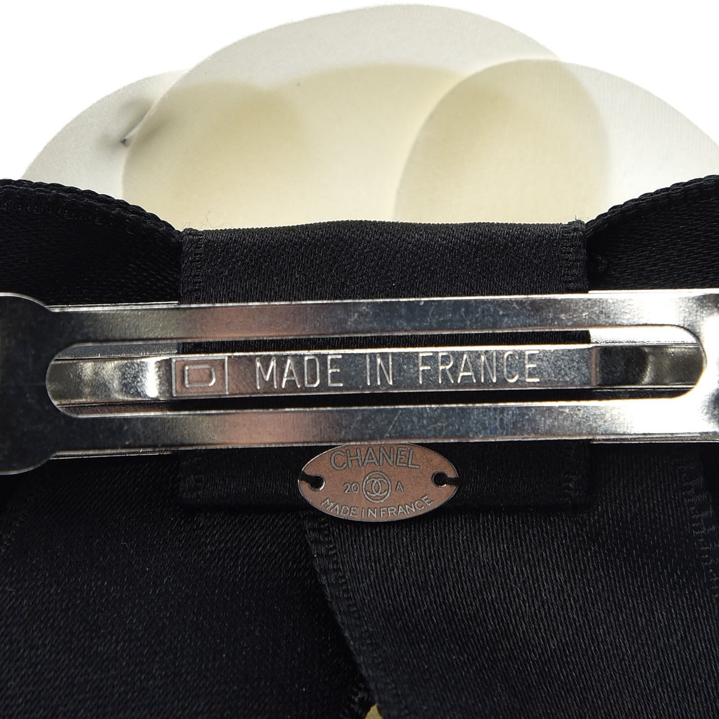 Satin Camellia CC Hair Clip Barrette White Black