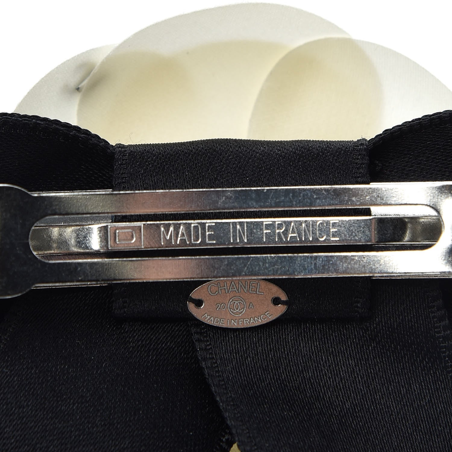 Chanel Satin Camellia CC Hair Clip Barrette White Black 3 of 4