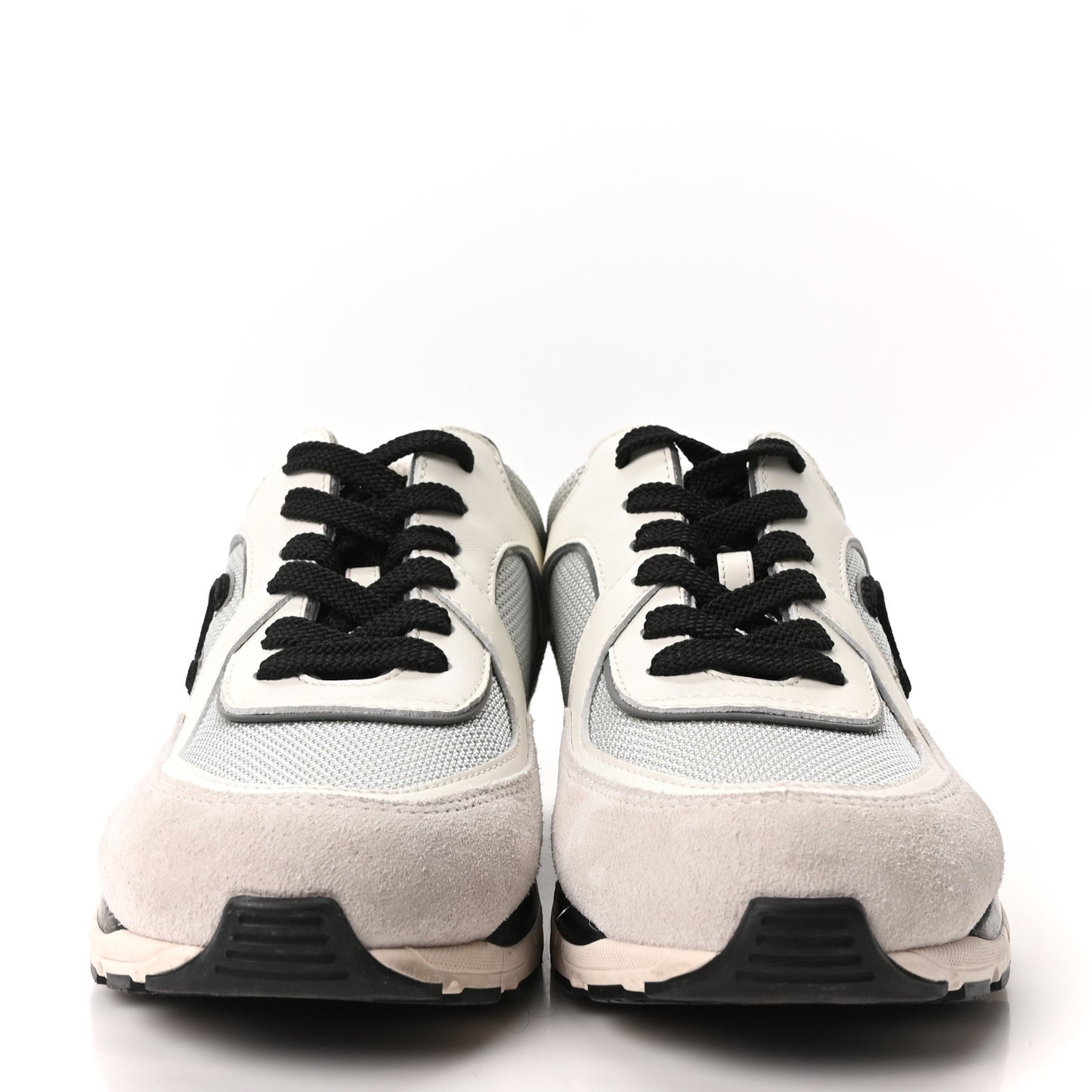 Mesh Suede Calfskin Grained Calfskin Womens CC Sneakers 37.5 White Silver Light Grey