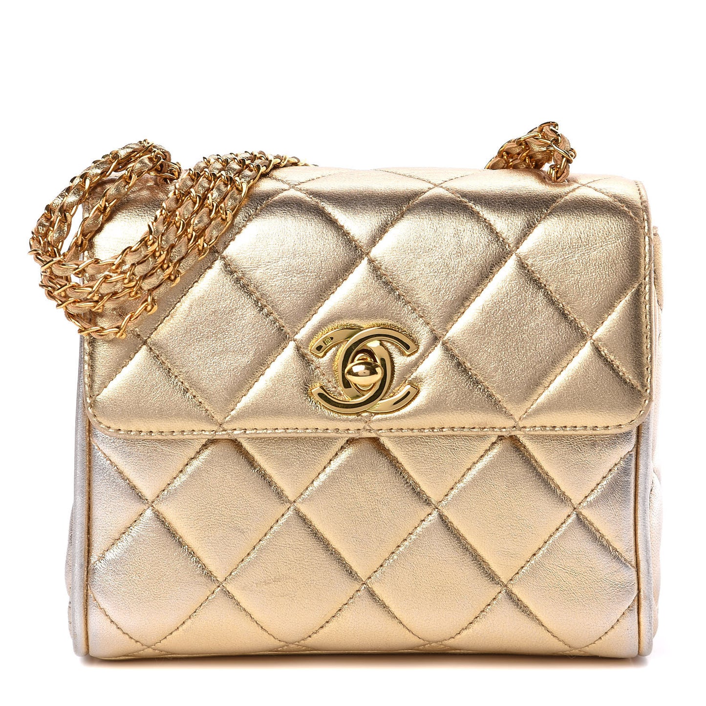 Metallic Lambskin Quilted Mini Square Flap Light Gold