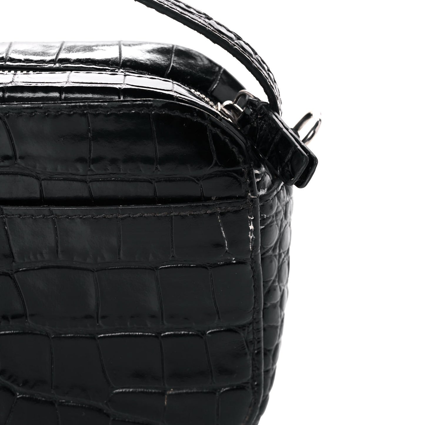 Shiny Calfskin Logo Crocodile Embossed XS Everyday Camera Bag with Handle Black