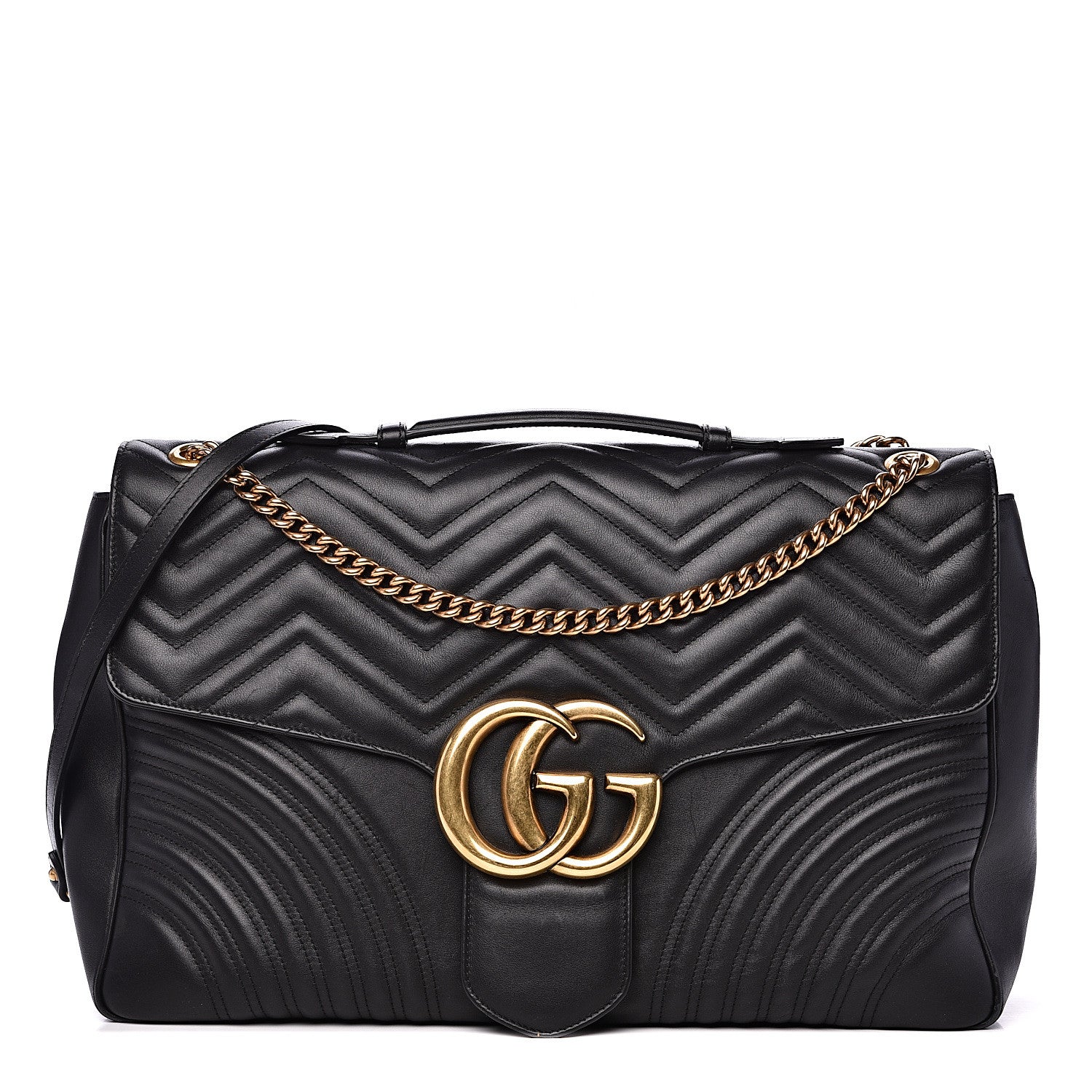 Gucci Calfskin Matelasse Maxi GG Marmont Top Handle Shoulder Bag Black 1 of 17