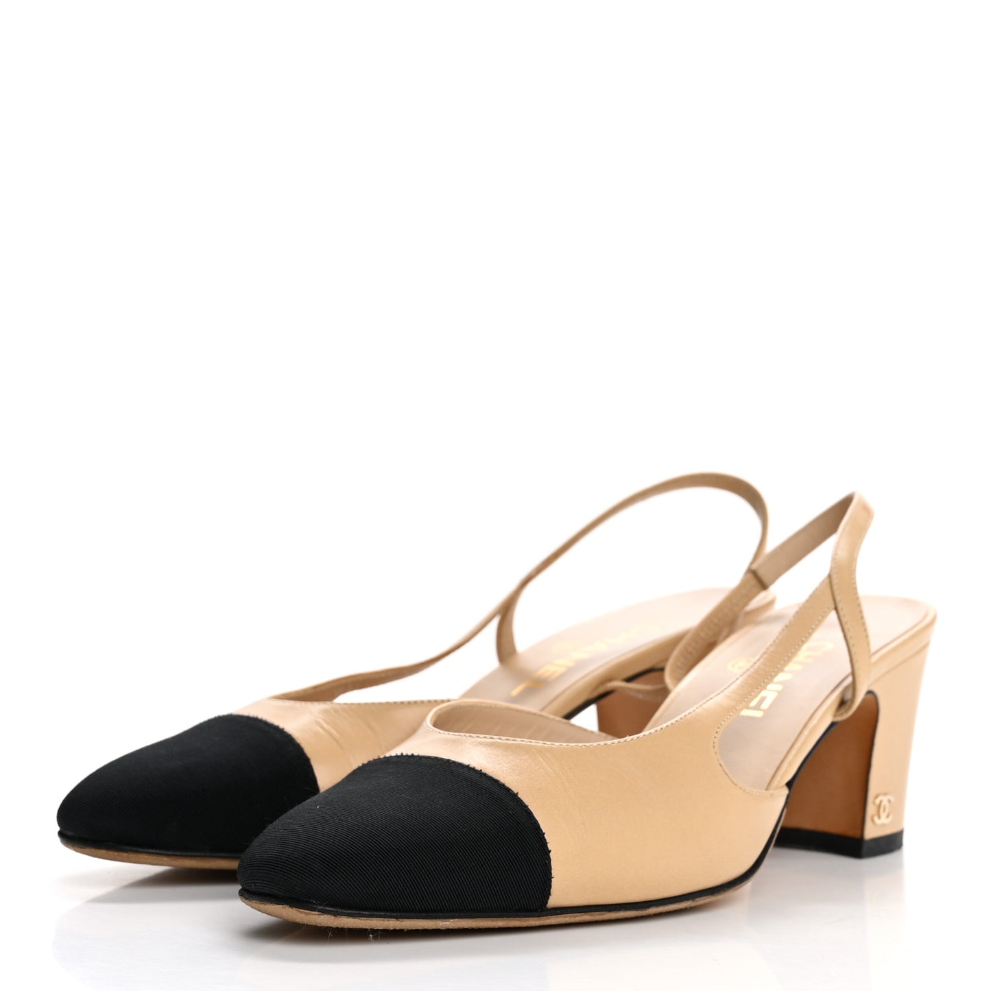 Goatskin Grosgrain Cap Toe CC Slingback Pumps 38.5 Beige Black