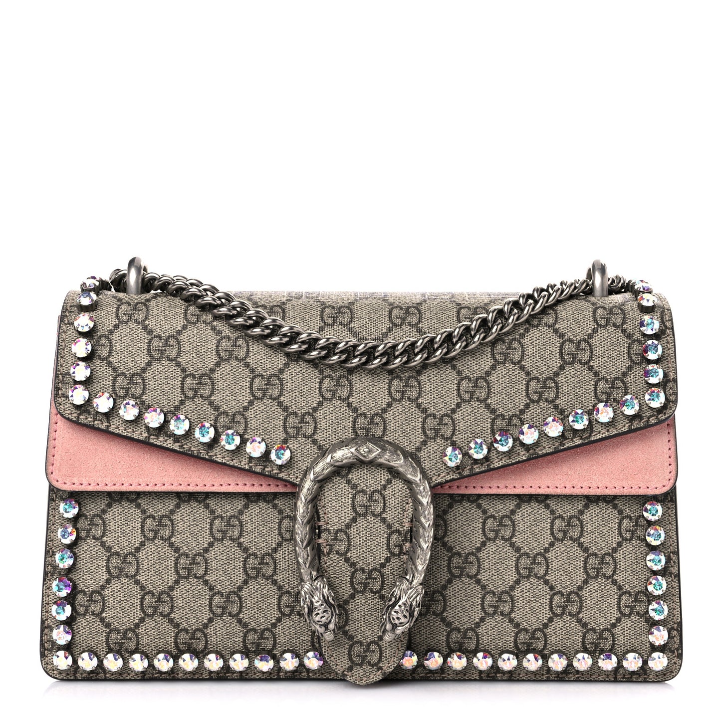 GG Supreme Monogram Suede Crystal Small Dionysus Shoulder Bag Beige Ebony Light Peonia