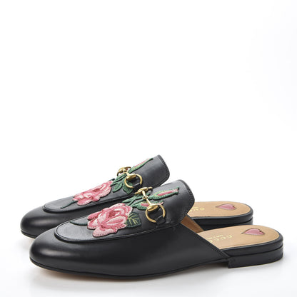 Gucci Calfskin Flower Embroidered Womens Princetown Slippers 38 Black 2 of 11