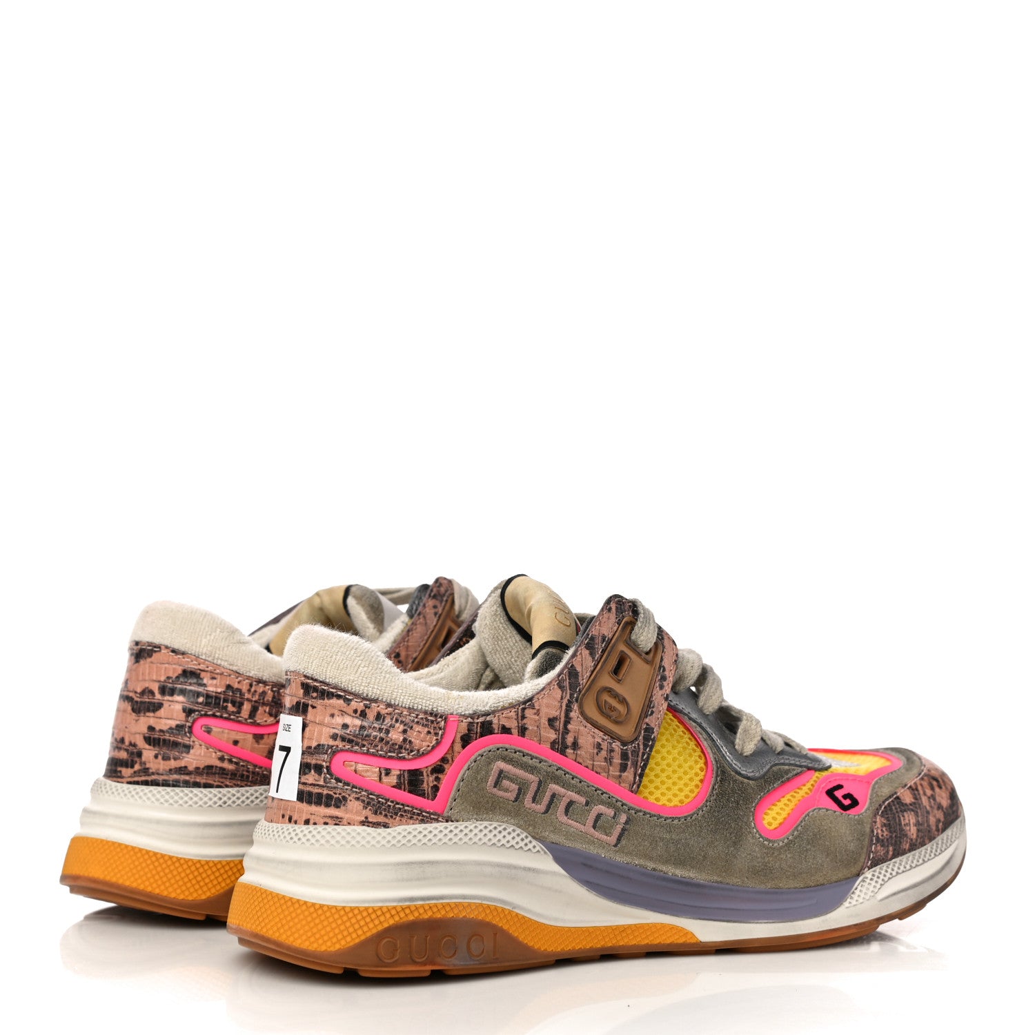 Gucci Suede Calfskin Tejus Printed Womens Ultrapace Sneakers 37 Pink Silver Oatmeal Yolk 3 of 11