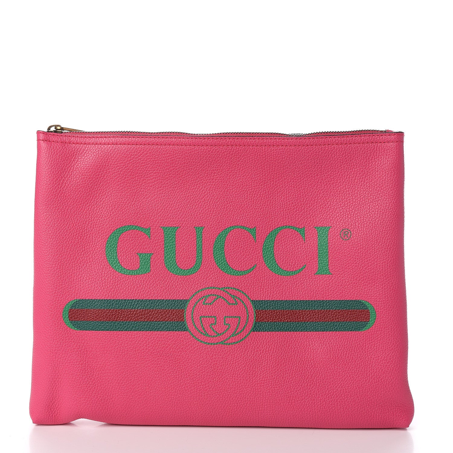 Gucci Pebbled Calfskin Medium Logo Portfolio Clutch Box Pink Green 1 of 8