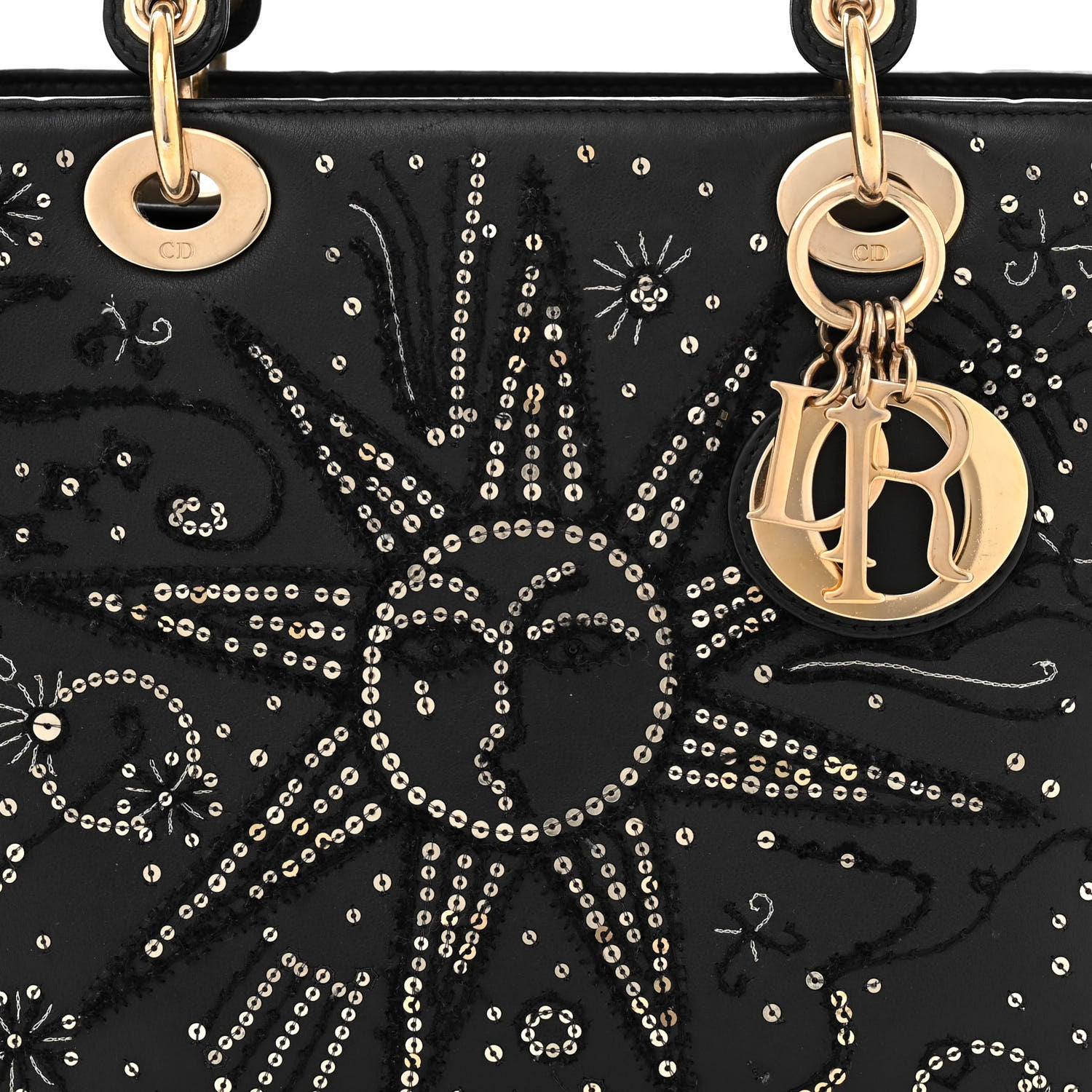 Christian Dior Calfskin Sequins Astrology Medium Lady Dior Black