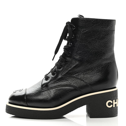 Chanel Shiny Crumpled Lambskin Lace Up Combat Boots 38 Black 1 of 9