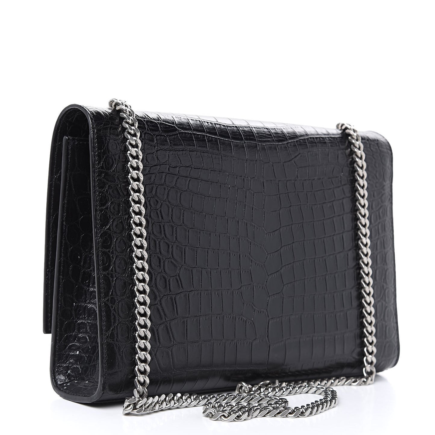 Calfskin Crocodile Embossed Large Classic Monogram Kate Satchel Black