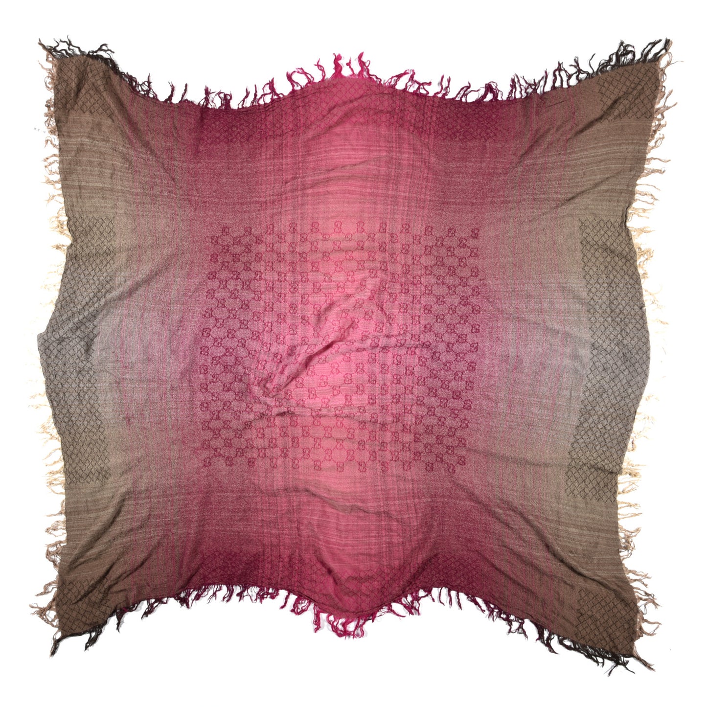 Wool Silk Cotton Monogram Fringe Scarf Pink Brown