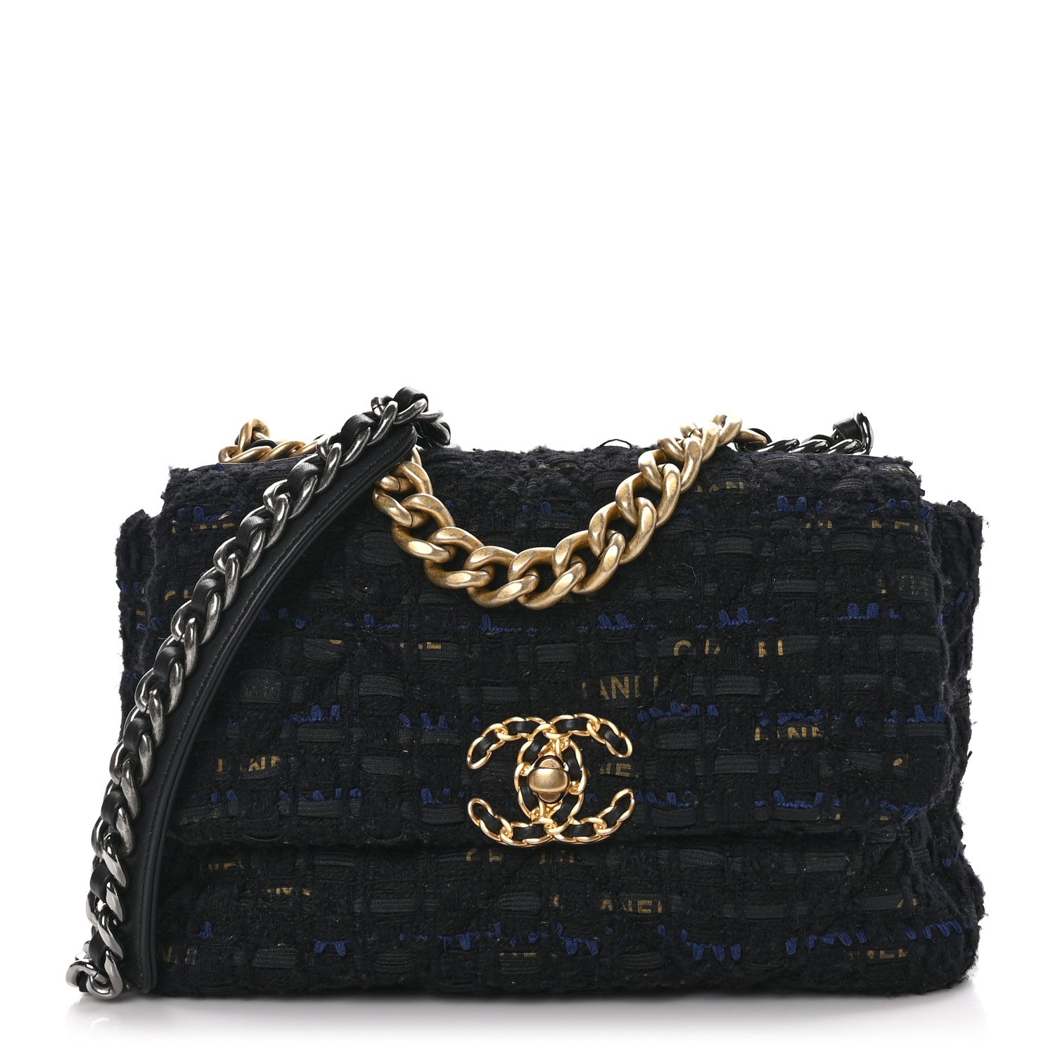 Chanel Tweed Quilted Medium Chanel 19 Flap Black Navy Gold 1 of 10