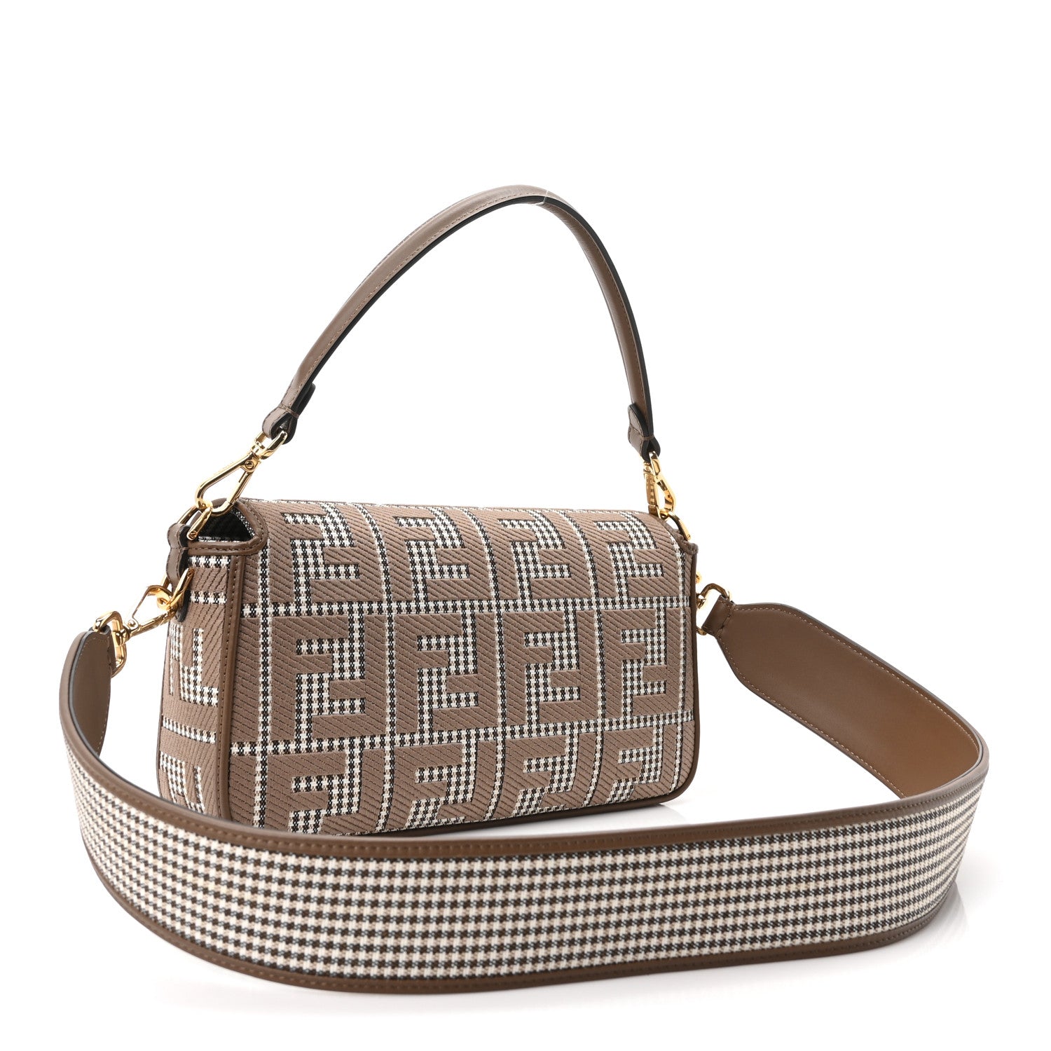 Fendi Wool Vitello King Houndstooth FF Embroidered Baguette Beige Moro 3 of 10