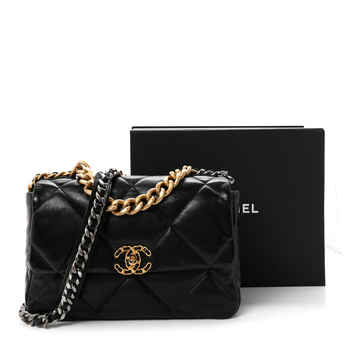 Shiny Goatskin Quilted Large Chanel 19 Flap Black