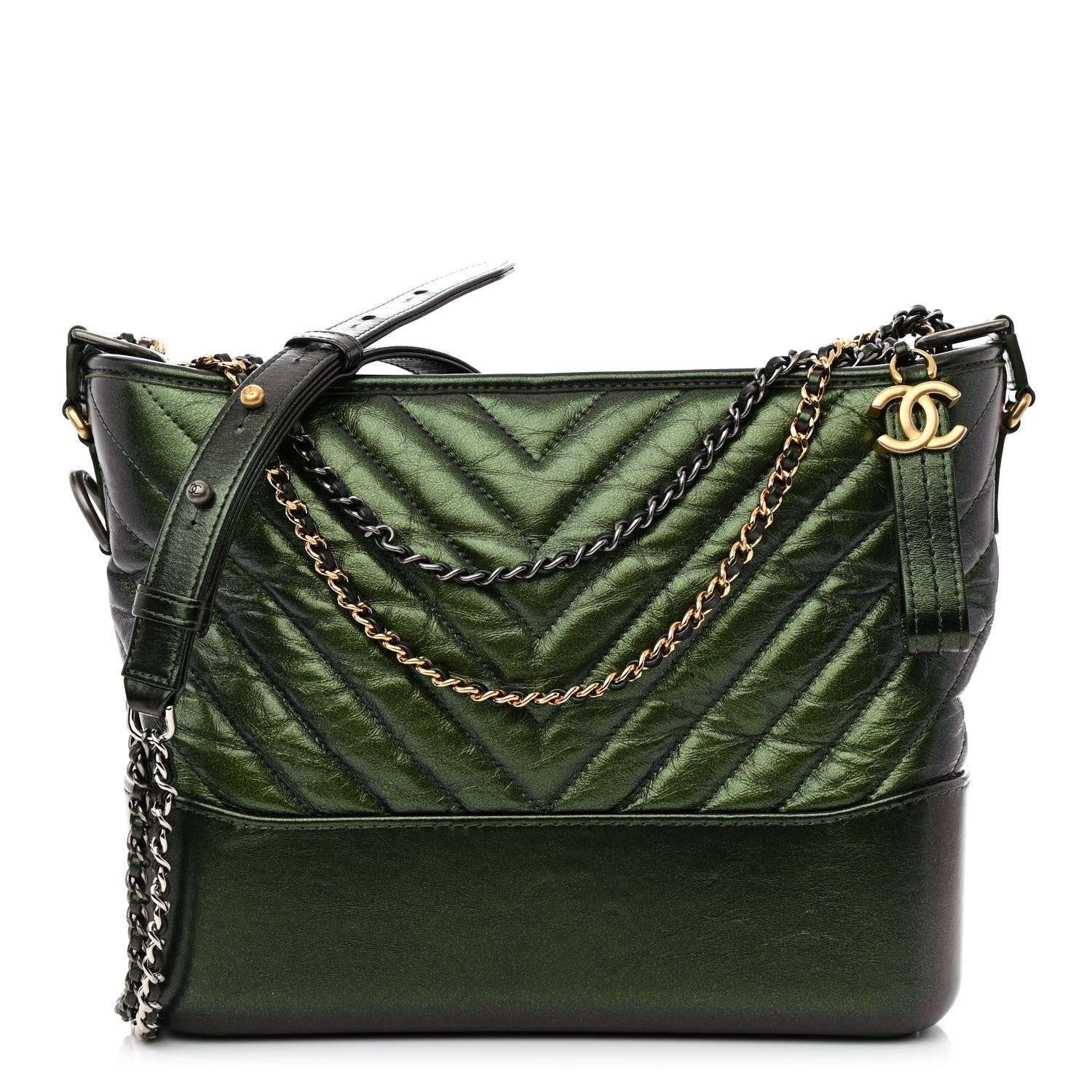 Chanel Metallic Aged Calfskin Chevron Quilted Medium Gabrielle Hobo Green 1 of 13