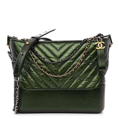 Chanel Metallic Aged Calfskin Chevron Quilted Medium Gabrielle Hobo Green 1 of 13