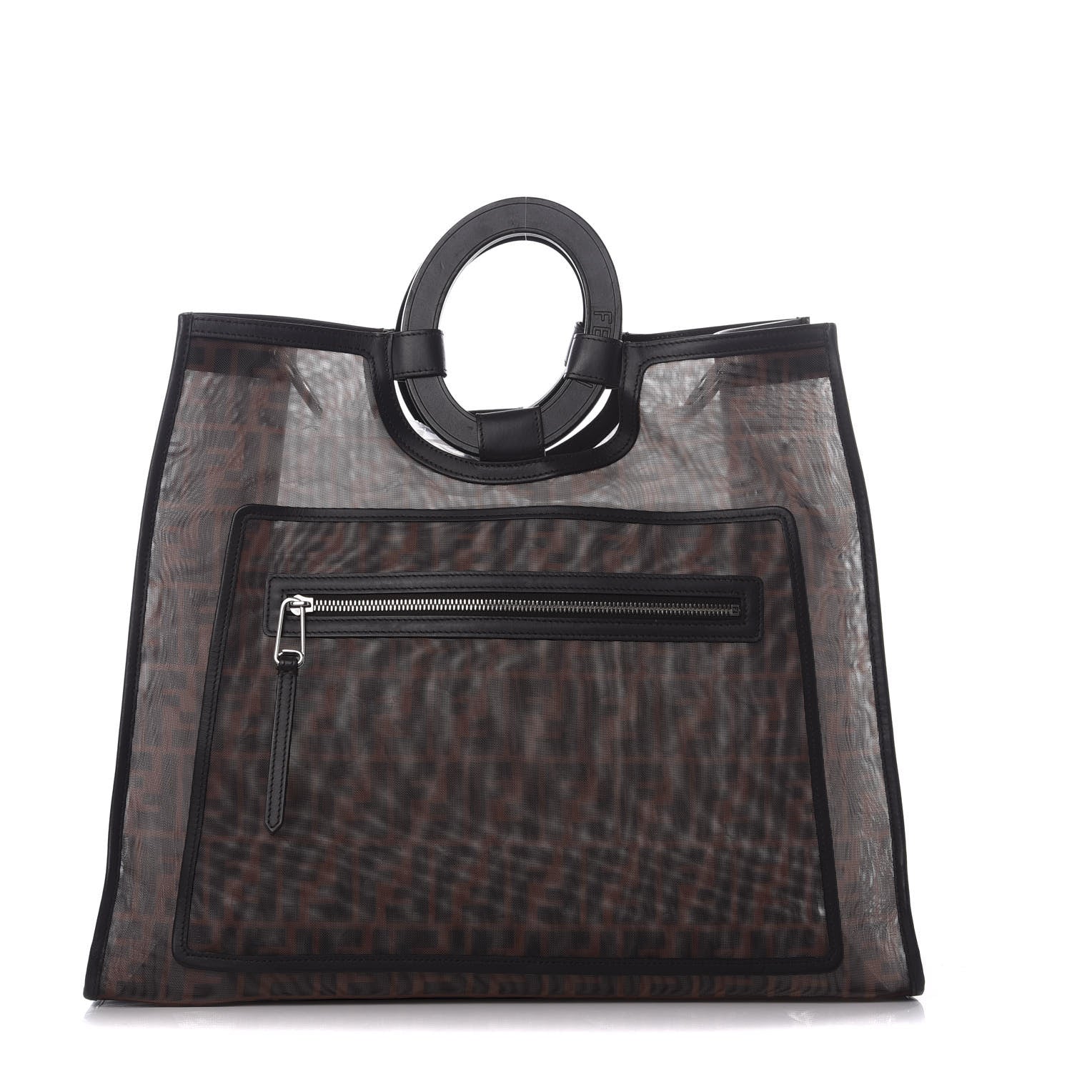 Fendi Mesh Vitello Century Cuoio FF 1974 Large Runaway Shopper Tote Marrone Black Ebano 1 of 12