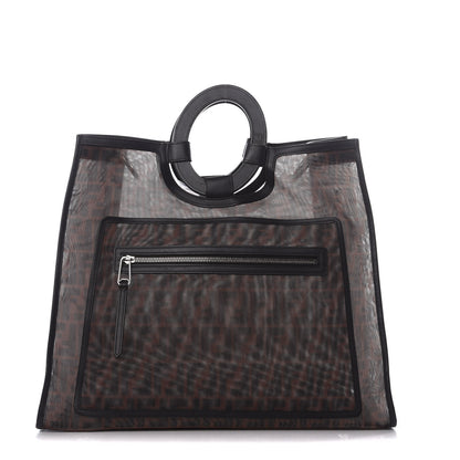 Fendi Mesh Vitello Century Cuoio FF 1974 Large Runaway Shopper Tote Marrone Black Ebano 1 of 12