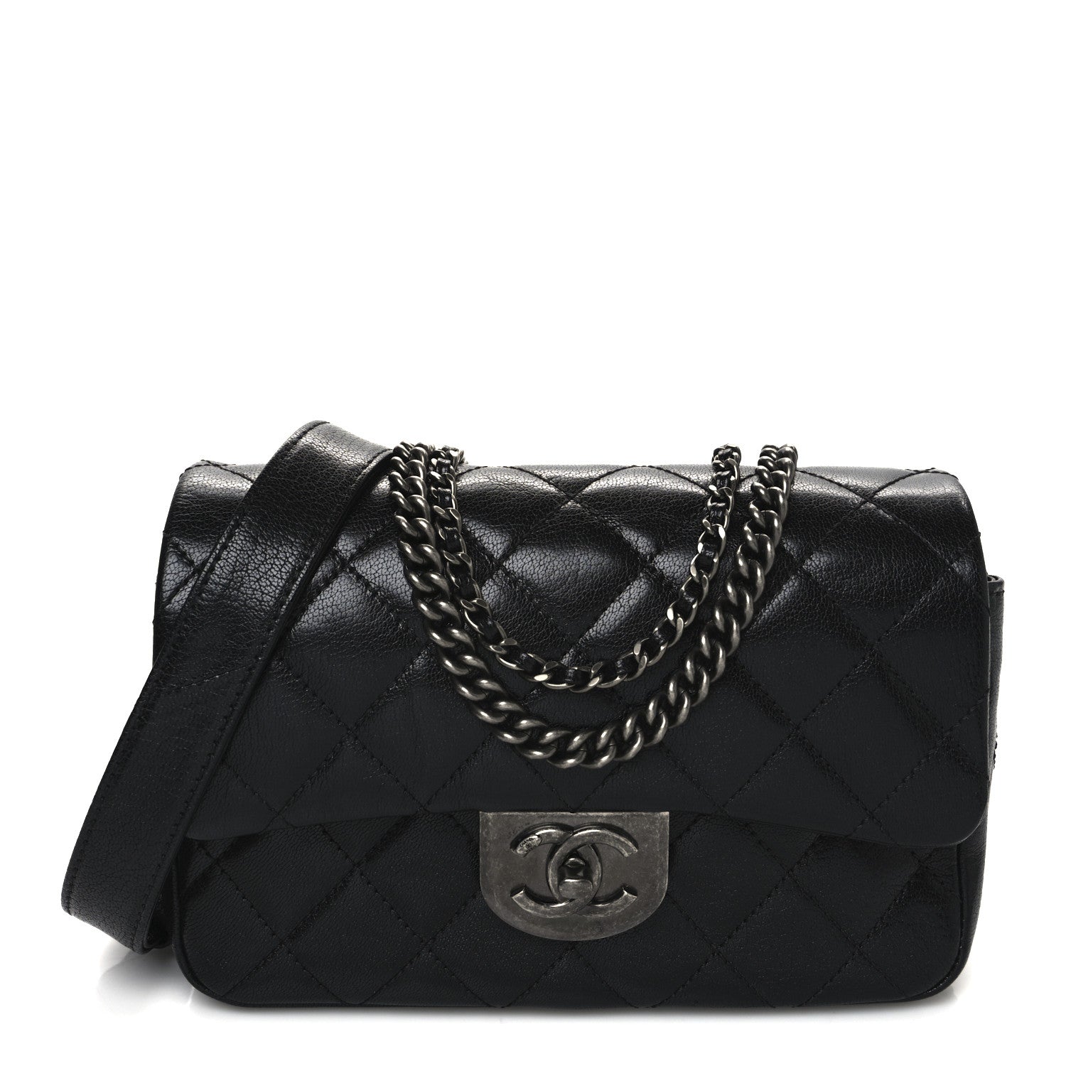 Chanel Shiny Goatskin Quilted Small Double Carry Waist Chain Flap Black 1 of 11