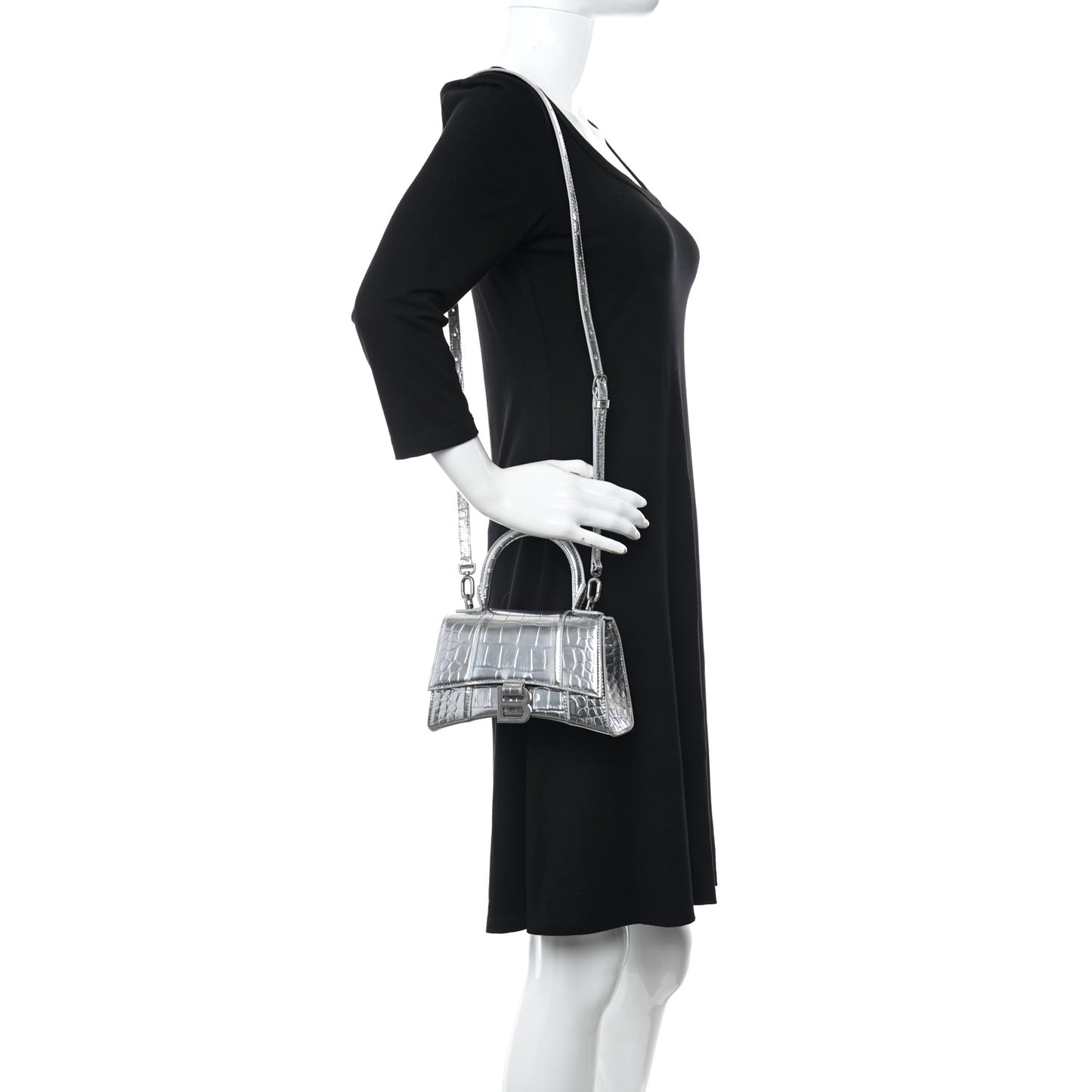 Metallic Calfskin Crocodile Embossed Hourglass Top Handle Bag XS Silver
