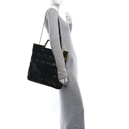 Fendi Patent FF 1974 Embossed Medium Shopping Flap Bag Black 3 of 9
