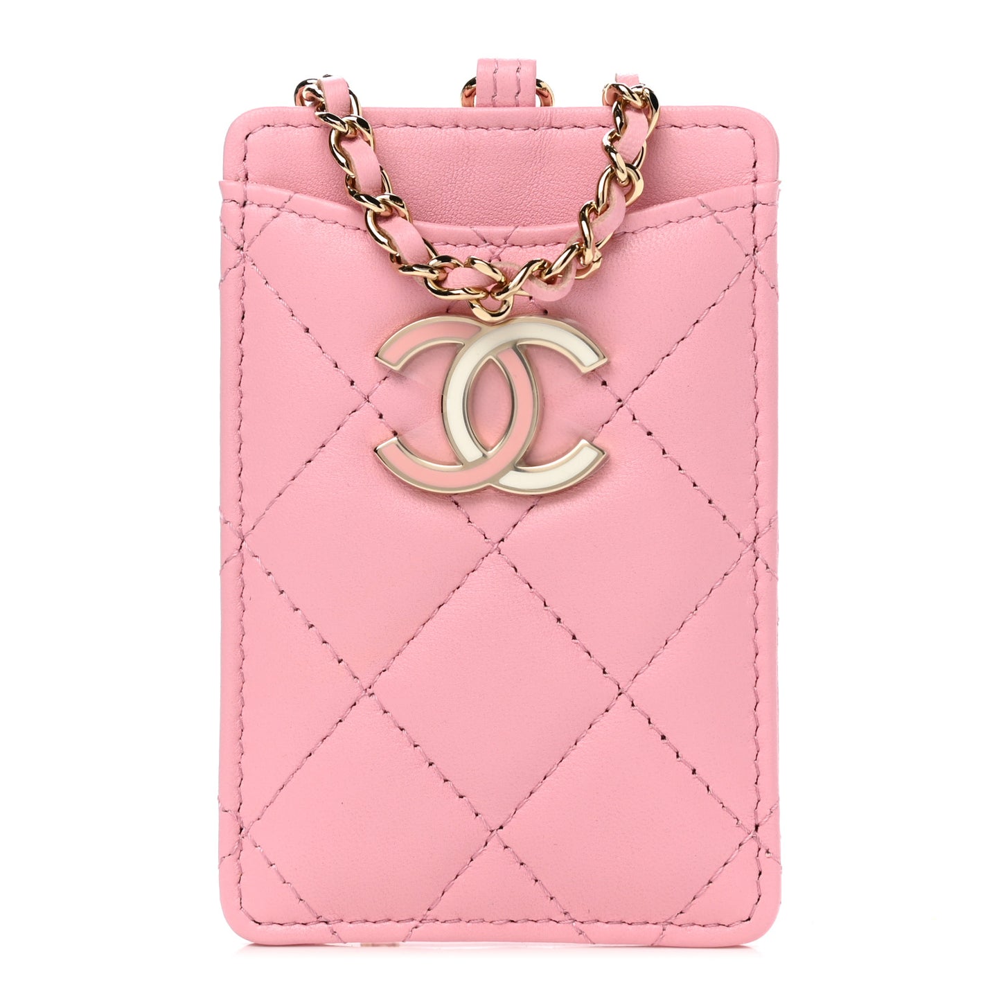 Lambskin Quilted Chanel Card Holder On Chain Pink