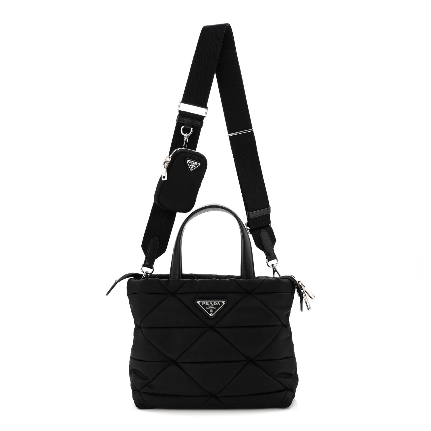 Prada Re-Nylon Nappa Triangle Quilted Padded Double Handled Zip Pocket Tote Black 1 of 11