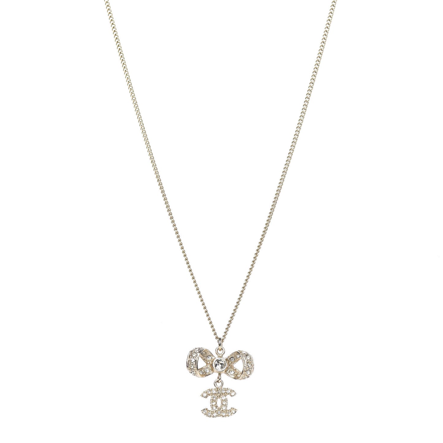 Metal Crystal CC Bow Drop Necklace Gold