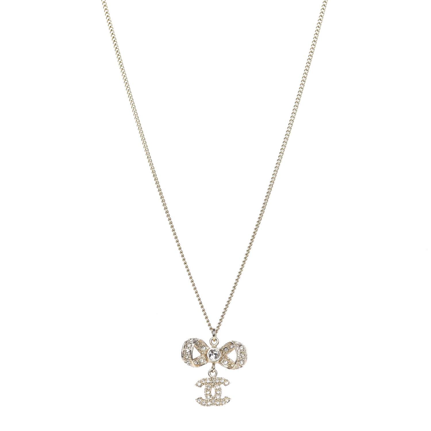 Chanel Metal Crystal CC Bow Drop Necklace Gold 1 of 4
