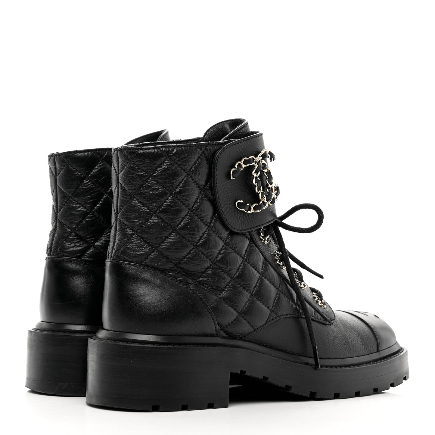 Shiny Calfskin Quilted Lace Up Combat Boots 37.5 Black