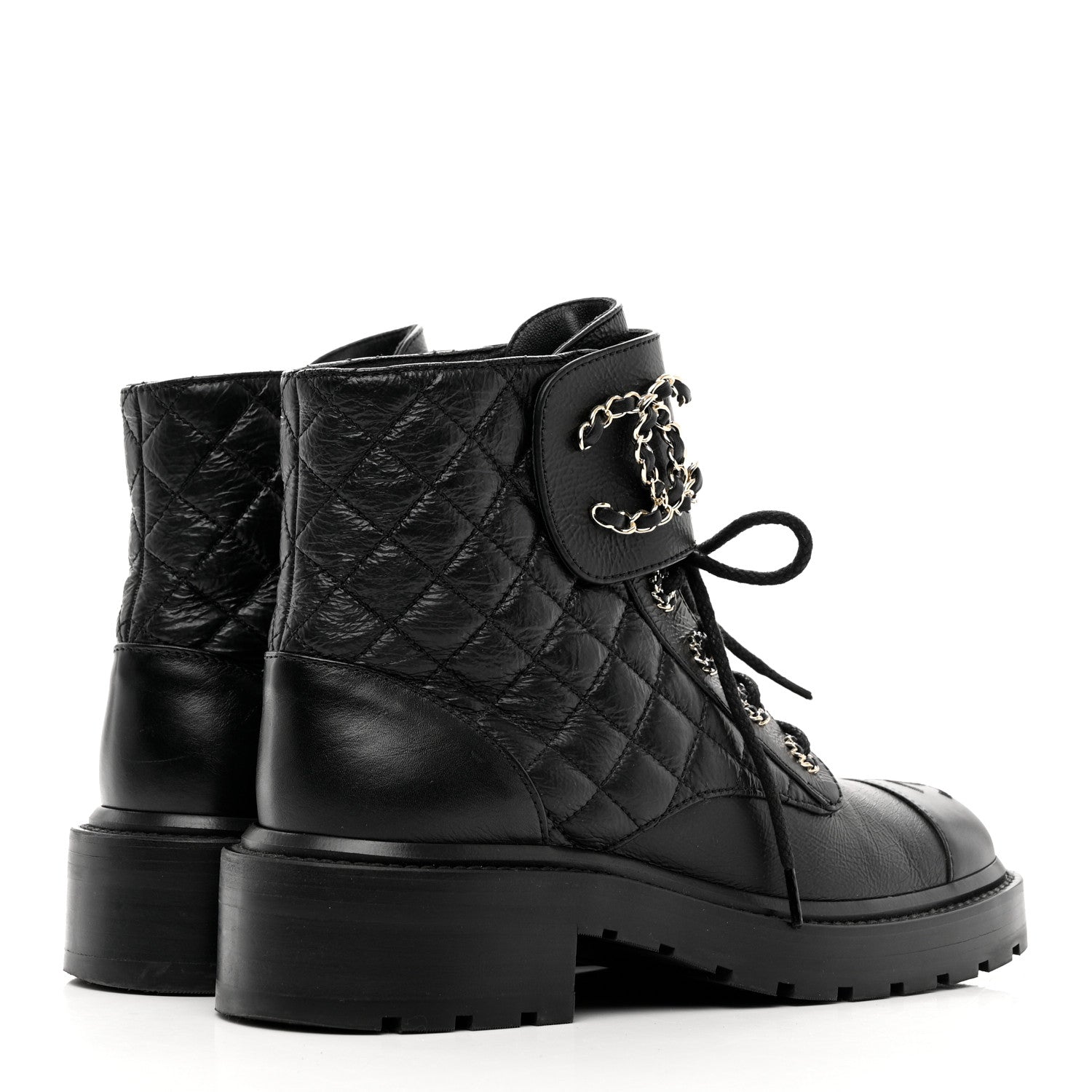 Chanel Shiny Calfskin Quilted Lace Up Combat Boots 37.5 Black 4 of 9