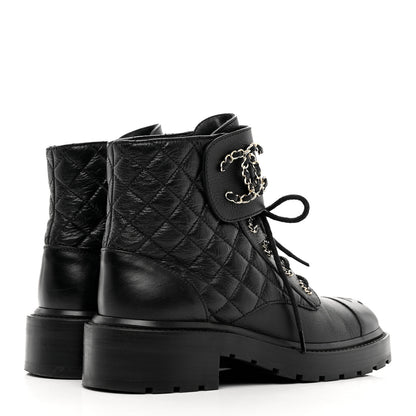 Chanel Shiny Calfskin Quilted Lace Up Combat Boots 37.5 Black 4 of 9