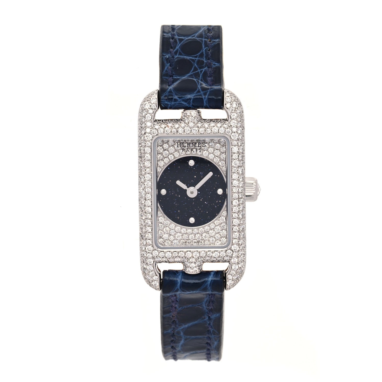 Hermes 18K White Gold Alligator Diamond Aventurine 17mm Nantucket Quartz Watch Bleu Saphir 1 of 5