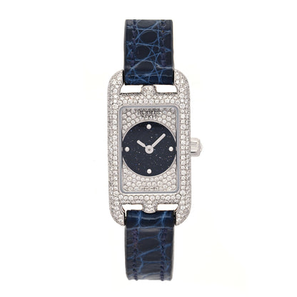 Hermes 18K White Gold Alligator Diamond Aventurine 17mm Nantucket Quartz Watch Bleu Saphir 1 of 5