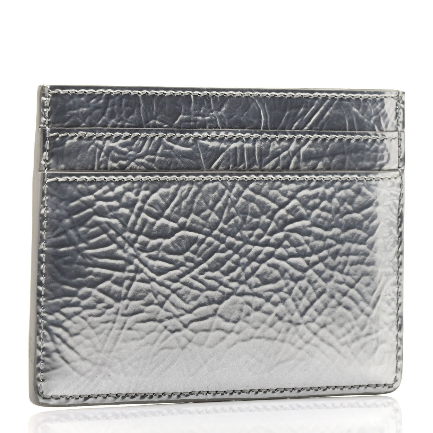 Textured Patent Metallic Monogram Credit Card Case Argento