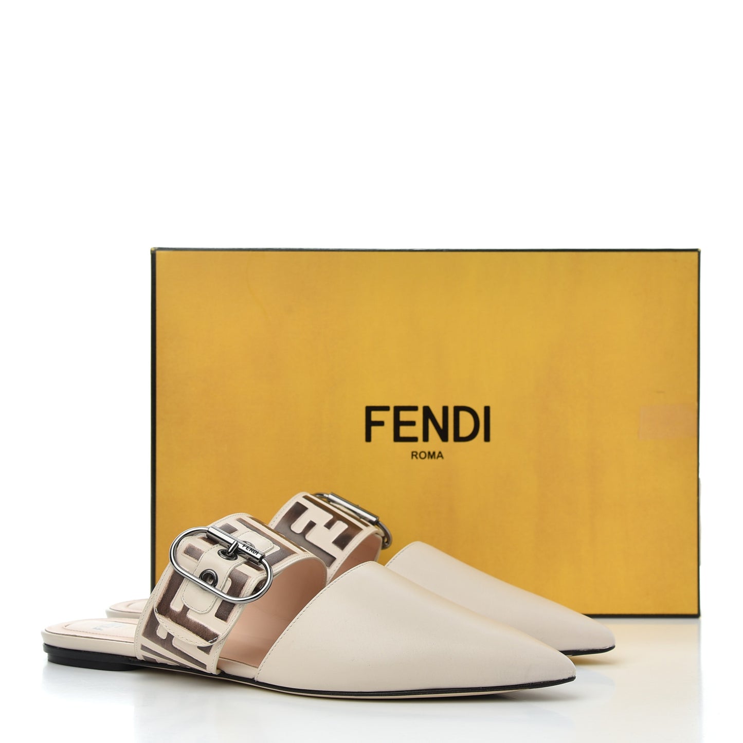 Vitello FF Embossed Buckle Flat Mules 38 Camelia Moresco
