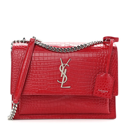 Saint Laurent Calfskin Crocodile Embossed Medium Monogram Sunset Rouge Eros 1 of 12