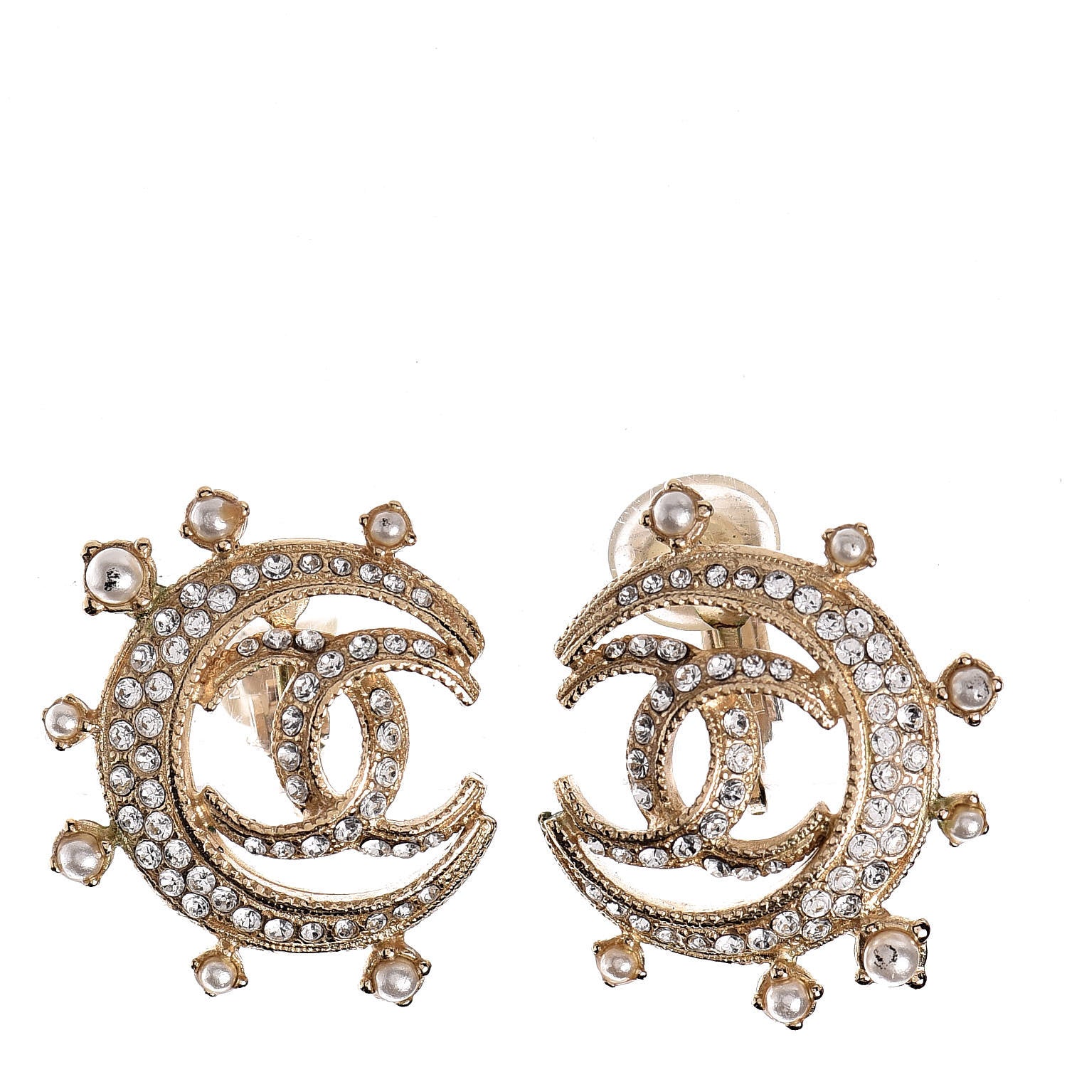 Chanel Crystal Pearl CC Crescent Moon Clip On Earrings Gold 1 of 6