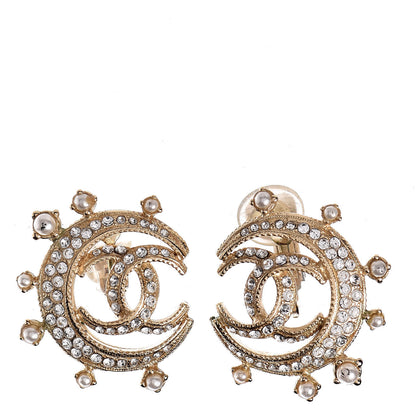 Chanel Crystal Pearl CC Crescent Moon Clip On Earrings Gold 1 of 6