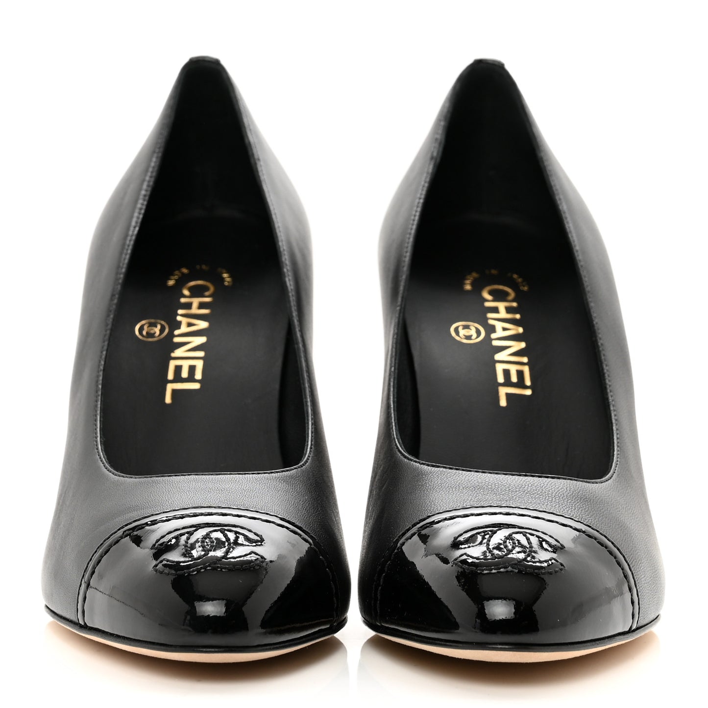 Lambskin Patent Calfskin Cap Toe CC Pumps 38 Black