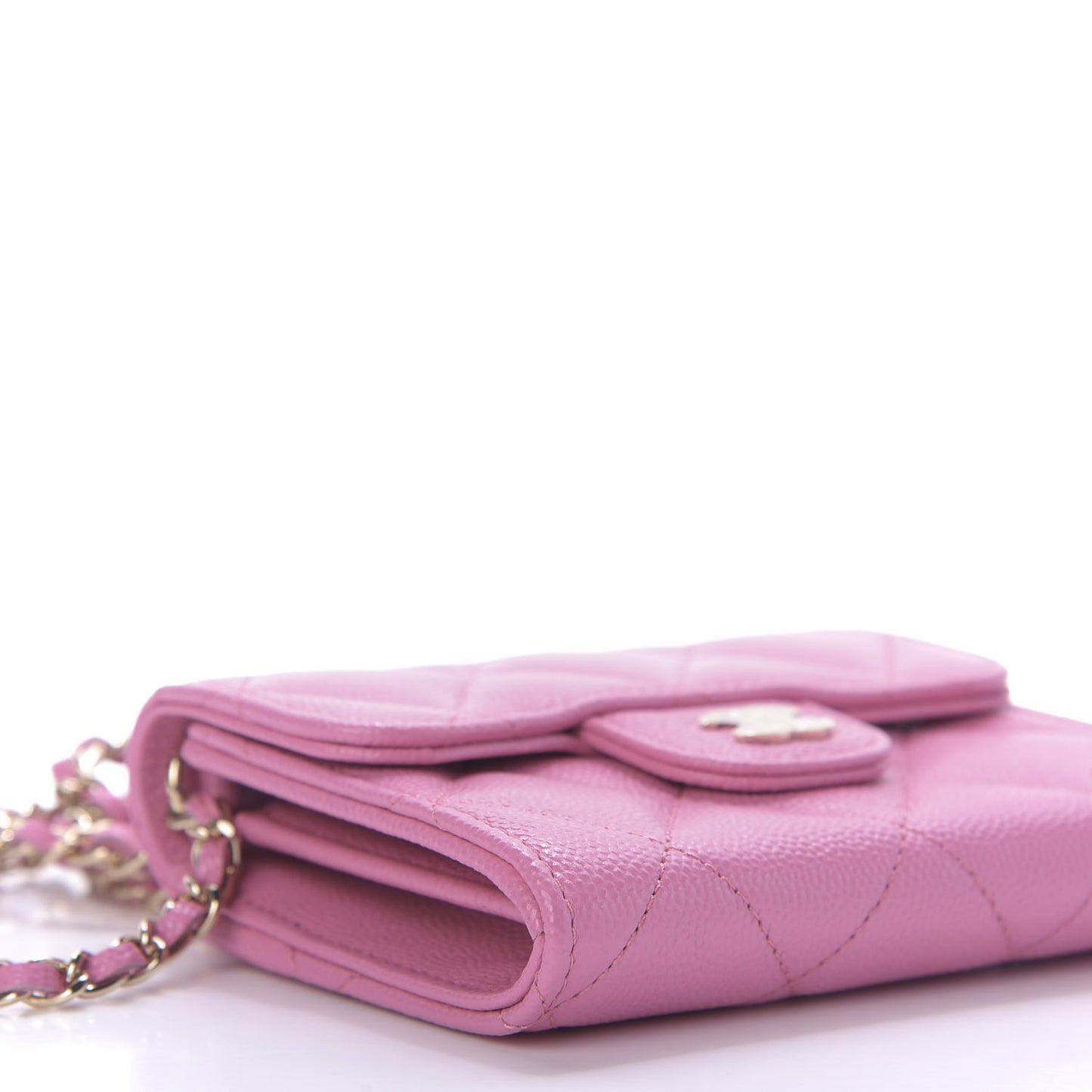 Caviar Quilted Flap Card Holder On Chain Pink