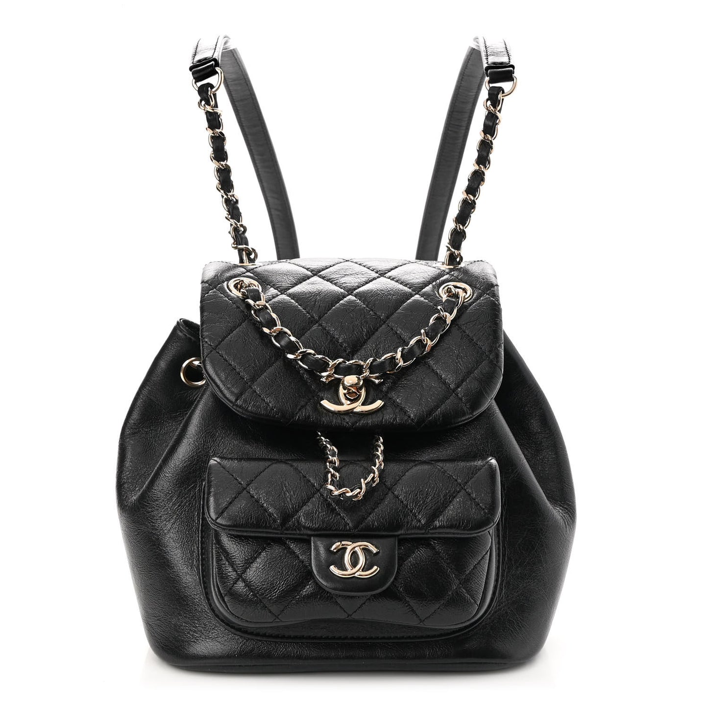 Glazed Aged Calfskin Quilted Small Duma Drawstring Backpack Black