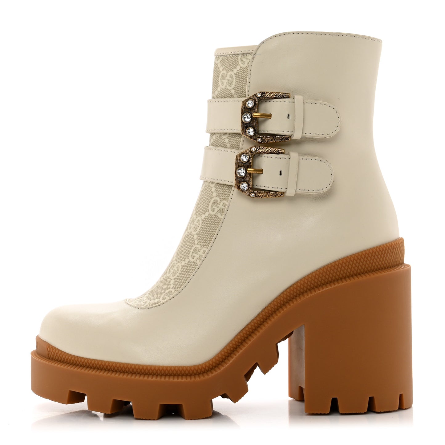 Kensington Calfskin Nappa GG Supreme Monogram Womens Double Buckle Ankle Boots 36.5 Mystic White Beige