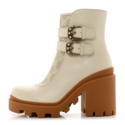 Gucci Kensington Calfskin Nappa GG Supreme Monogram Womens Double Buckle Ankle Boots 36.5 Mystic White Beige 1 of 8