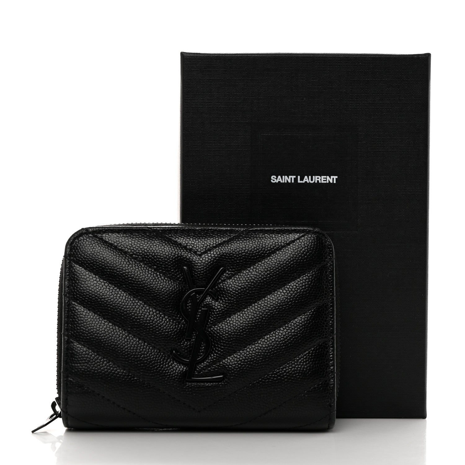 Saint Laurent Grain De Poudre Matelasse Chevron Monogram Monochrome Compact Zip Around Wallet Black 8 of 8